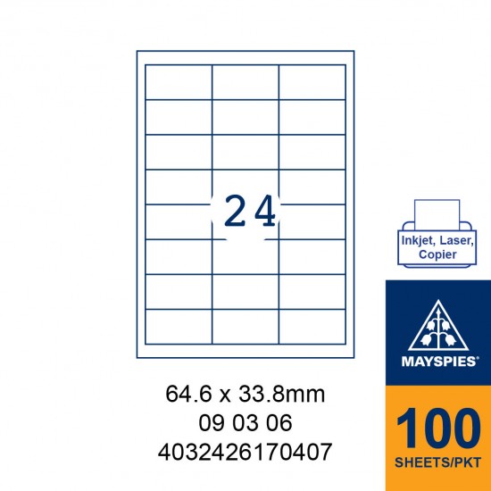 MAYSPIES 09 03 06 LABEL FOR INKJET / LASER / COPIER 100 SHEETS/PKT WHITE 64.6X33.8MM